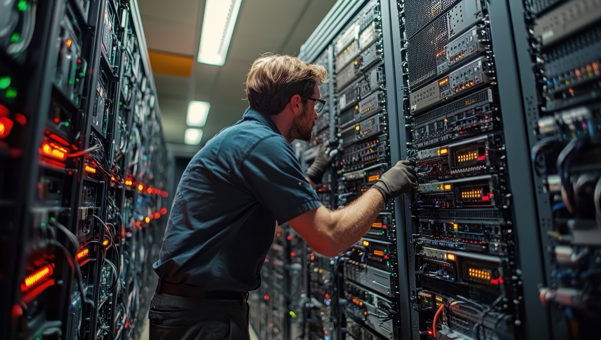 IT Technician Working on a Server in a Modern Data Center. Concept of Technology, Network, Big Data, Cloud Computing managed IT service solutions provider