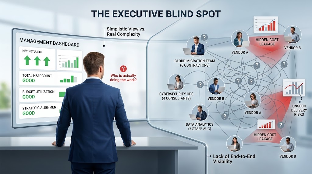 An infographic comparing a fragmented enterprise contingent workforce program with high risks to a streamlined strategy featuring unified visibility and a centralized monitoring dashboard.